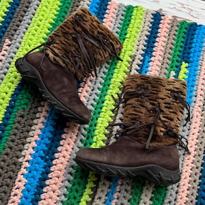 Vintage Suede Leather Winter Boots Brown Boho Mid Calf Boots Tribal Lace Up Shoes Y2K