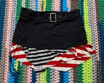 Vintage Asymmetrical Mini Skirt Layered Striped Skirt Y2K Belted Punk Skirt