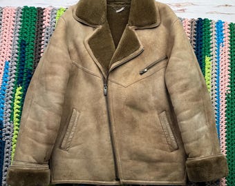 Vintage Real Sheepskin Jacket Men's Shearling Coat Brown Sheepskin Biker Jacket Winter Leather Shearling Aviator Coat