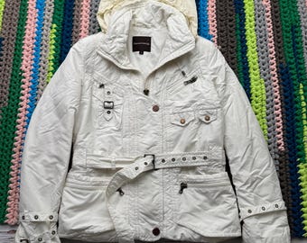 Vintage White Ski Jacket Women Hooded Winter Jacket Belted Snow Coat Y2K Outerwear
