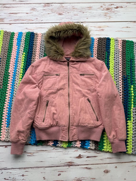 Vintage Pink Corduroy Bomber Jacket Women’s Hooded Winter Coat Faux Fur Trim Y2K Jacket