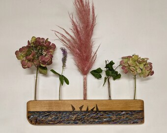 Wooden test tube wall vase / propagation station with abstract sailing boat design