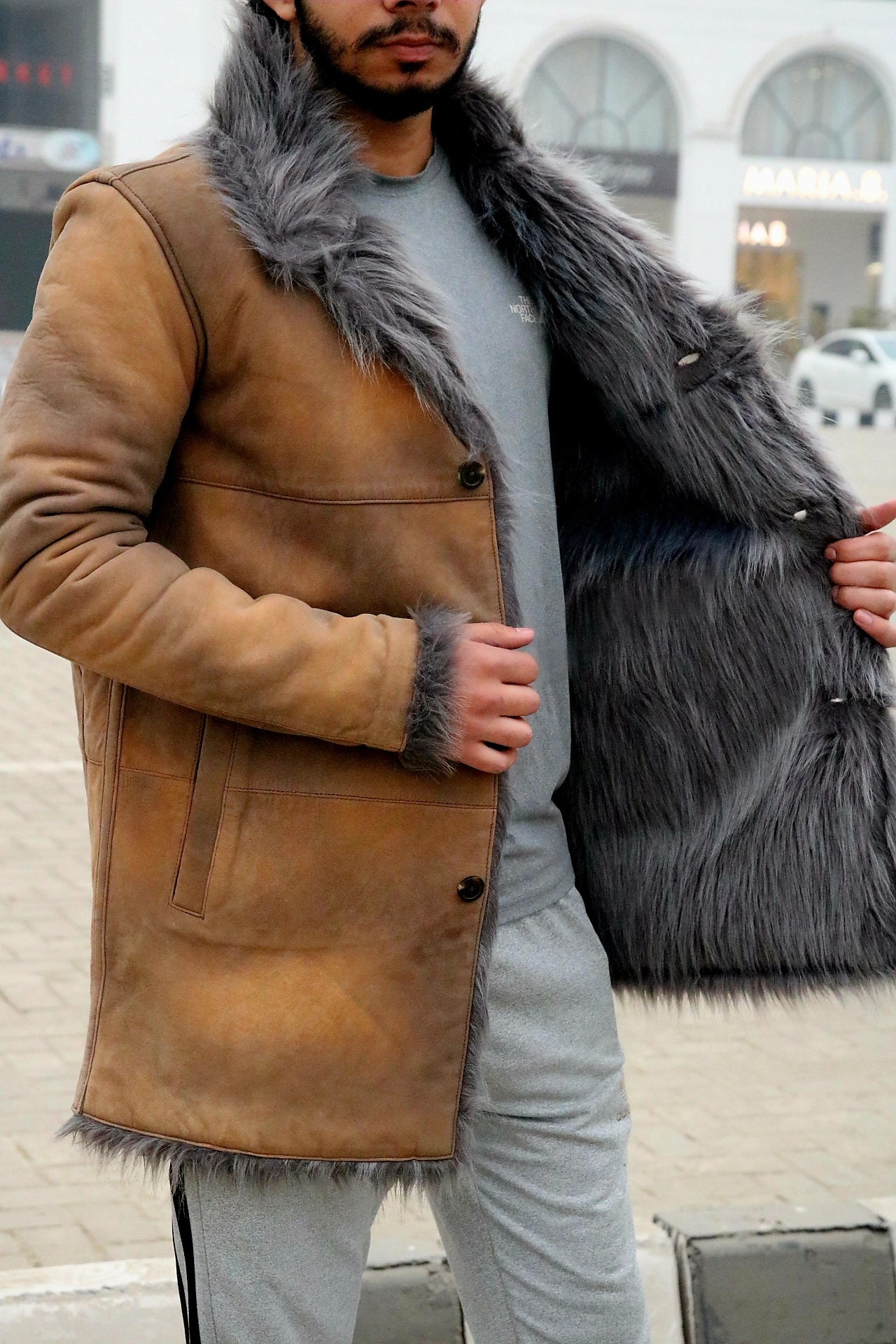 Men Raccoon Fur Collar Real Sheepskin Leather Jacket Leather Fleece Lined  Coat