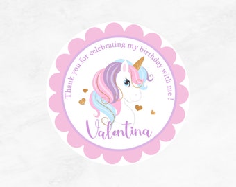 May include: Pink and white round favor tag with a unicorn illustration and gold glitter hearts. The text reads "Thank you for celebrating my birthday with me!" and "Valentina".