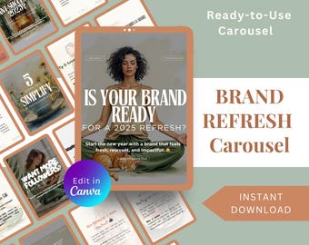 Op de afbeelding: Een digitale marketing carrousel sjabloon met 183 pagina's. De sjabloon toont een vrouw die mediteert met een kat, en de tekst "Is uw merk klaar voor een opfrisbeurt in 2025?" De tekst "Merkvernieuwing Carrousel" is ook in de afbeelding opgenomen.