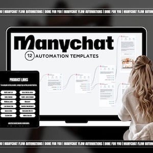 Könnte beinhalten: Ein Laptop-Bildschirm zeigt eine Website mit dem Text "Manychat" und "12 Automatisierung Vorlagen". Eine Frau sitzt vor dem Laptop und schaut auf den Bildschirm. Ein kleinerer Bildschirm links zeigt eine Liste von "Produkt Links" mit verschiedenen Optionen.