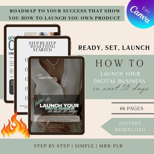 May include: A digital product cover with a white background and a woman wearing a white sweater and a pearl necklace. The cover features the text "How to Launch Your Digital Business in Next 30 Days" and "66 Pages". The cover also includes the text "Ready, Set, Launch" and "Step by Step | Simple | MRR-PLR".