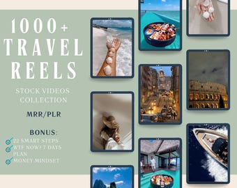 Puede incluir: Un collage de imágenes que muestran destinos de viaje, incluyendo playas, ciudades y barcos. El texto "1000+ TRAVEL REELS" está en la parte superior de la imagen, y el texto "STOCK VIDEOS COLLECTION" está debajo. El texto "MRR/PLR" está debajo de eso. El texto "BONUS: 22 SMART STEPS WTF NOW? 7 DAYS PLAN MONEY MINDSET" está debajo de eso. El texto "DIGITAL BLOSSOMS CLUB" está en la parte inferior de la imagen.