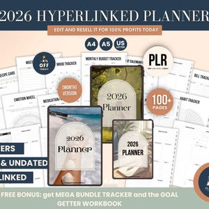 May include: A promotional image for 2026 Hyperlinked Planners, featuring various digital planner templates. The image showcases multiple planner covers, including A4, A5, and US Letter sizes, with over 100 pages. The design includes a recipe card, mood tracker, and habit tracker.