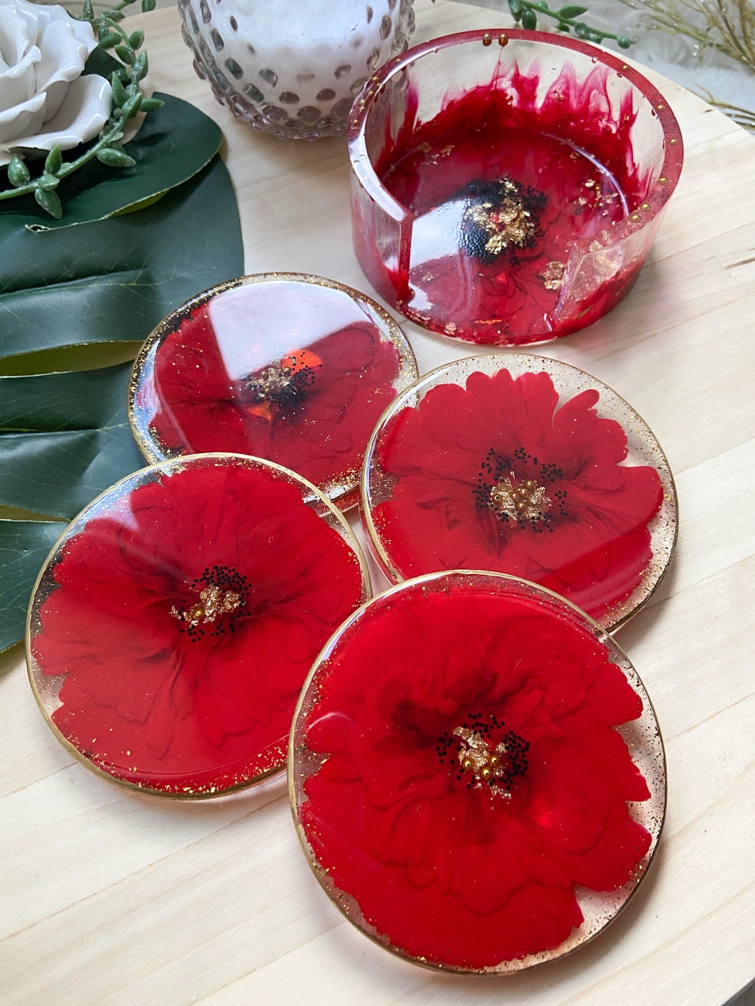 Poppy Resin Coaster Set With Coaster Holder Handmade Home Etsy