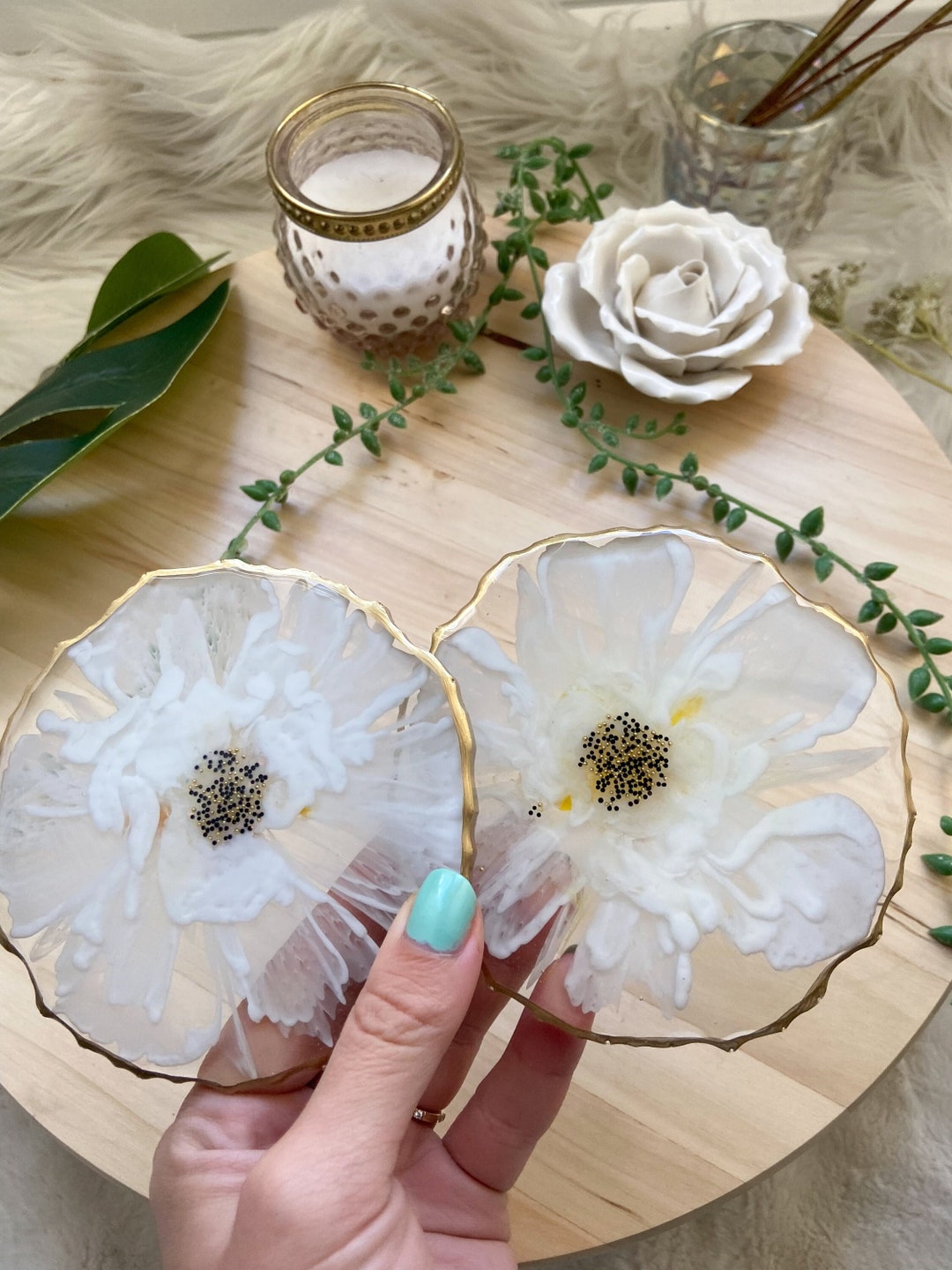 White 3D Flower Resin Coaster Set of 2 Handmade Home Decor Resin Art