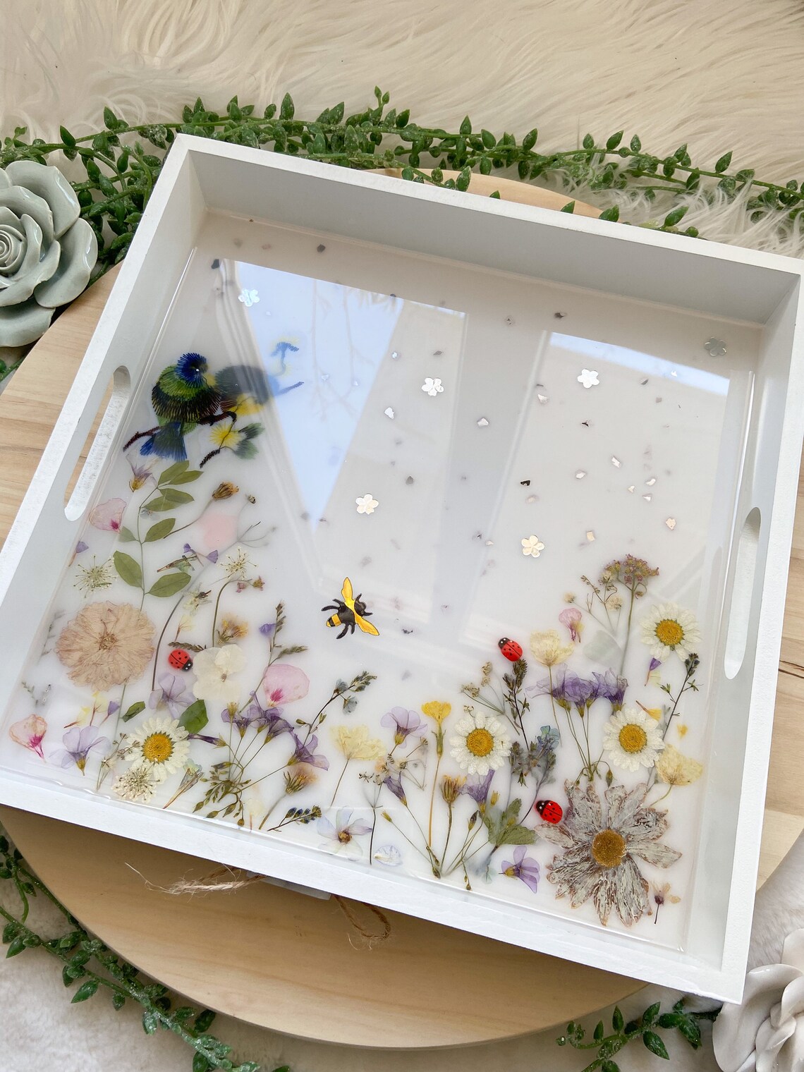Decorative Tray With Real Flowers Handmade Home Decor Etsy