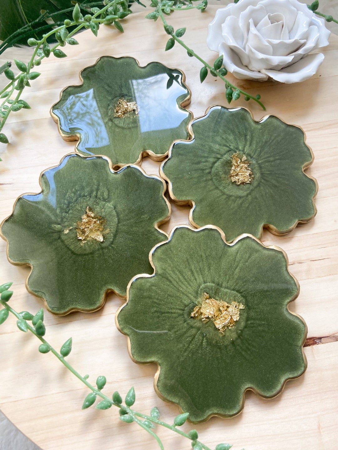 Green and Gold Flower Shaped Resin Coasters Set of 4 Handmade Home Decor Gift Ideas Etsy Australia