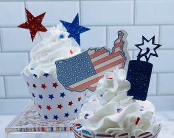 The Red, White, and Blue Faux Cupcakes (faux whipped cupcake, Memorial Day, 4th of July, fake whipped topper, summer tiered tray decor)