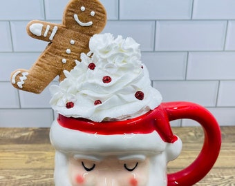 The Cookies and Milk Santa Mug  (Faux whipped topping, gingerbread cookie, faux cookie, holiday tiered tray decor, Santa mug)