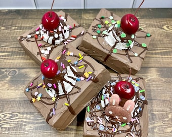 The Brownie a la Mode (Faux brownie, tiered tray decor, ice cream tiered tray decor, faux whipped topping, faux sprinkles).