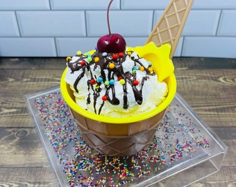 The Hot Fudge Sundae -Faux ice cream, fake hot fudge, farmhouse tiered tray, summer tiered tray decor, ice cream tiered tray, fake sprinkles
