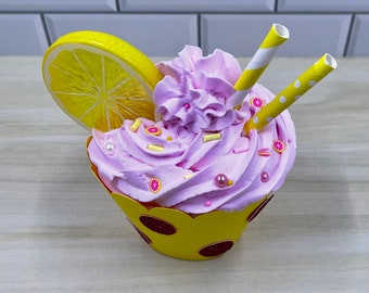 The Pink Lemonade Cupcake.  Faux whipped cupcake, tiered tray decor, pink tiered tray decor, faux whipped topping, faux pink sprinkles.