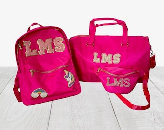 The Hot Pink Bags (Nylon bags, hot pink nylon bag, chenille patches, letter bags, hot pink belt bag, hot pink weekender, hot pink backpack)