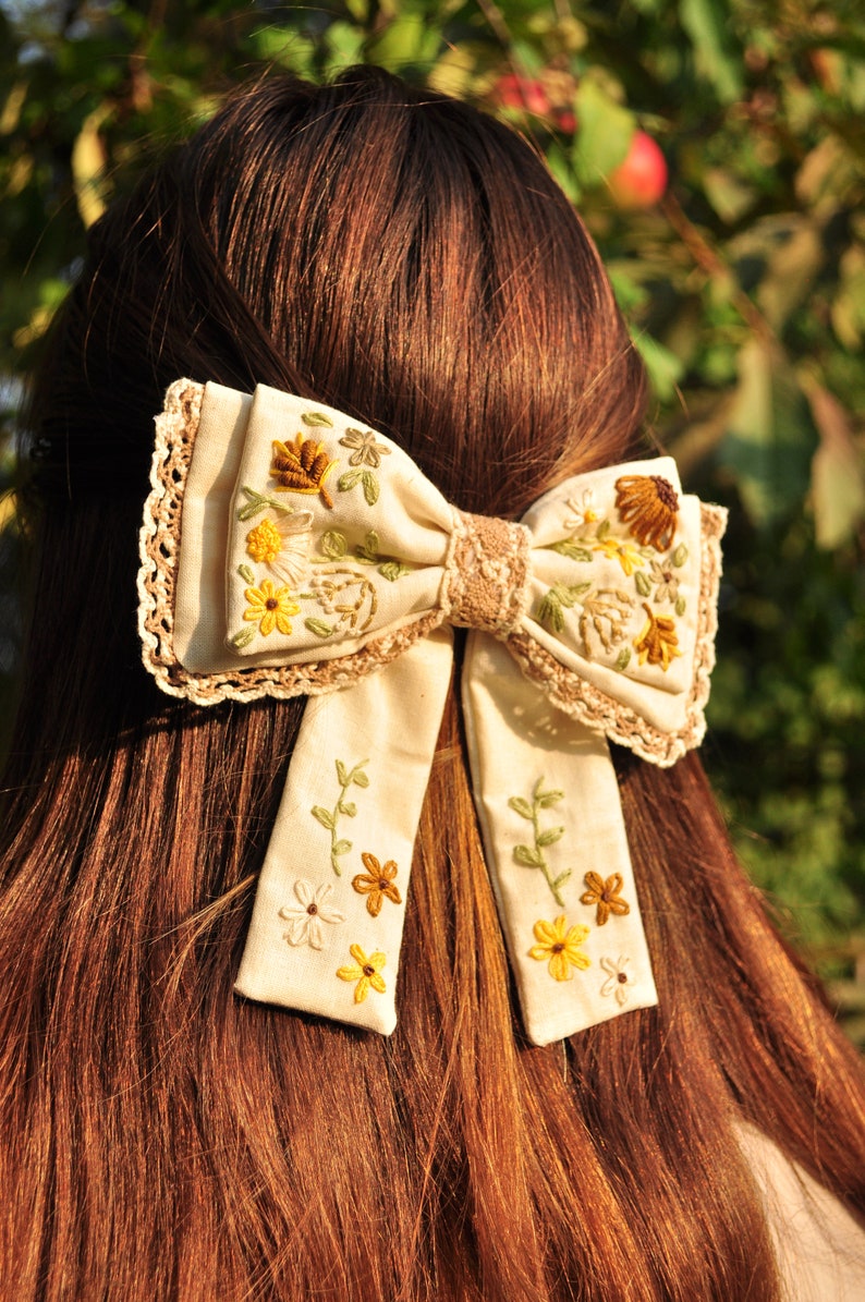 Embroidered Bow / Hair Handmade Bow With Embroidery / Girl Gift / Headband Gift / Hair Bow / Vintage Hair Accessory/ Embroidered accessory image 2