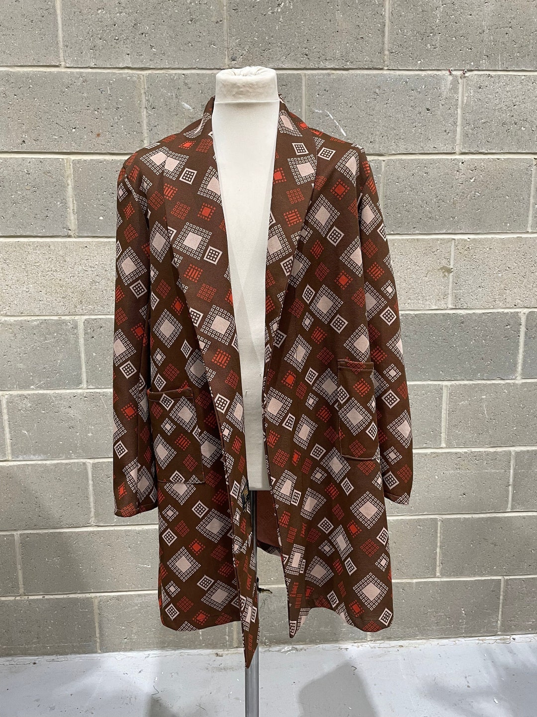 Vintage Brown Dressing Gown With Square Pattern Etsy