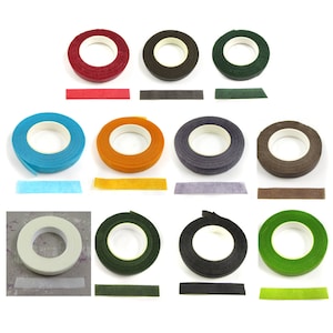 May include: Assortment of 10 rolls of floral tape in various colours, including red, black, green, blue, orange, grey, brown, white, dark green, and black. Each roll is shown with a sample of the tape.