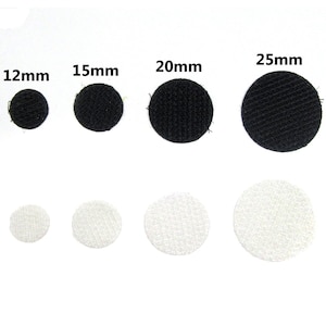May include: Assortment of black and white hook and loop fasteners in various sizes: 12mm, 15mm, 20mm, and 25mm.