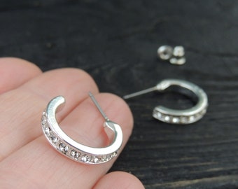 Vintage silver tone clear rhinestone stud hoop earrings