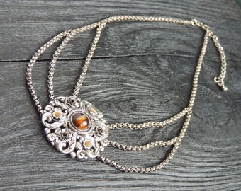 Vintage necklace  with floral ornament pendant , silver tone choker.