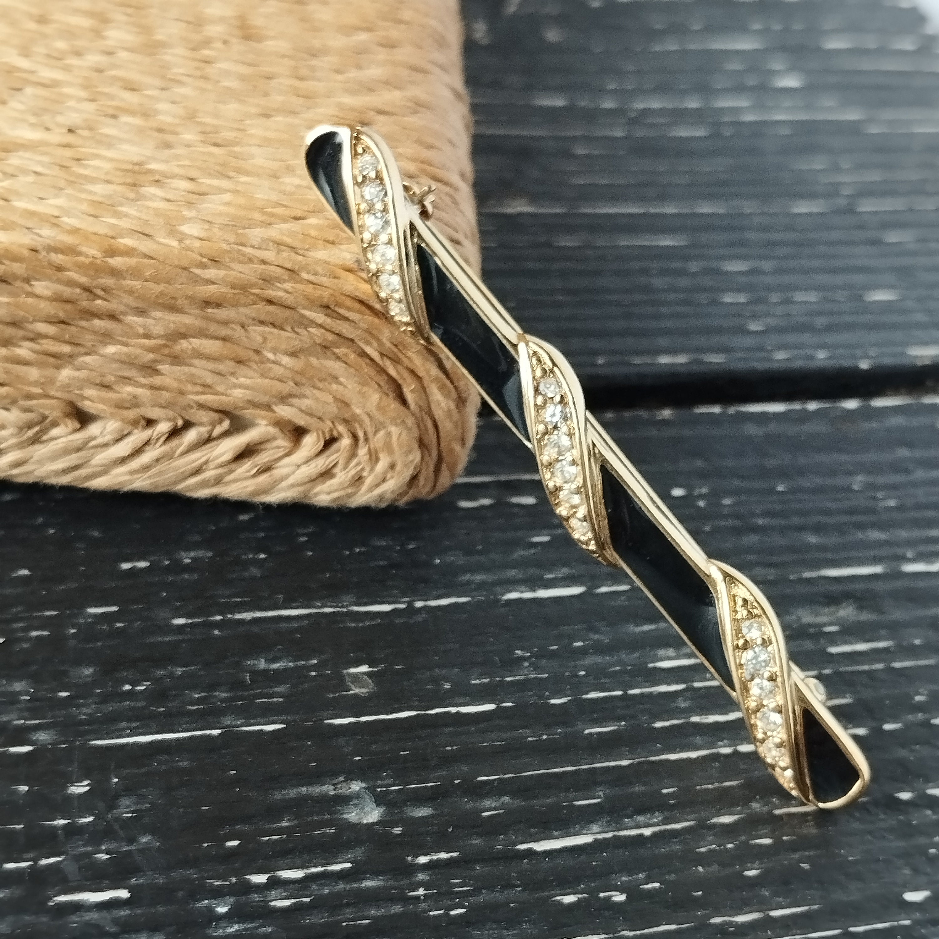Vintage Trifari Bar Brooch Gold Tone Metal Black Enamel