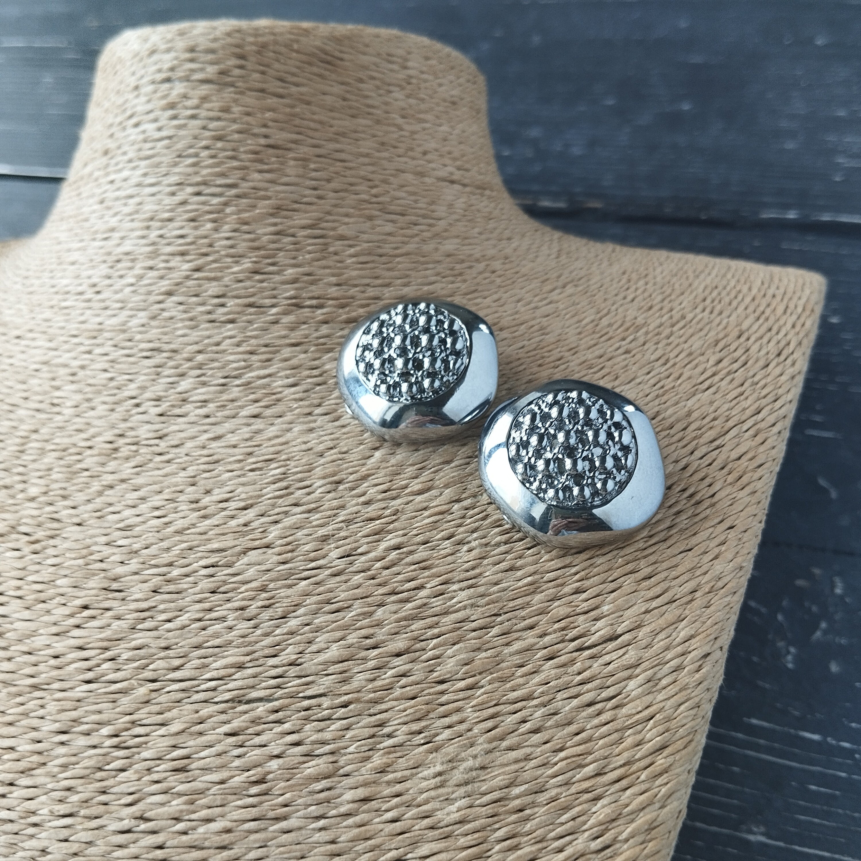Vintage Chunky Silver Tone Textured Clip on Earrings
