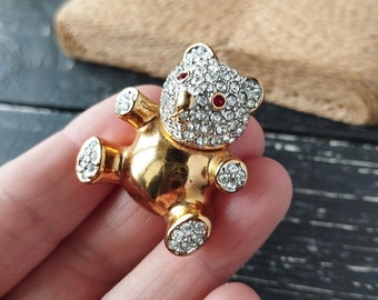 Vintage glossy gold tone clear rhinestone Teddy bear brooch Animal brooch red eyes