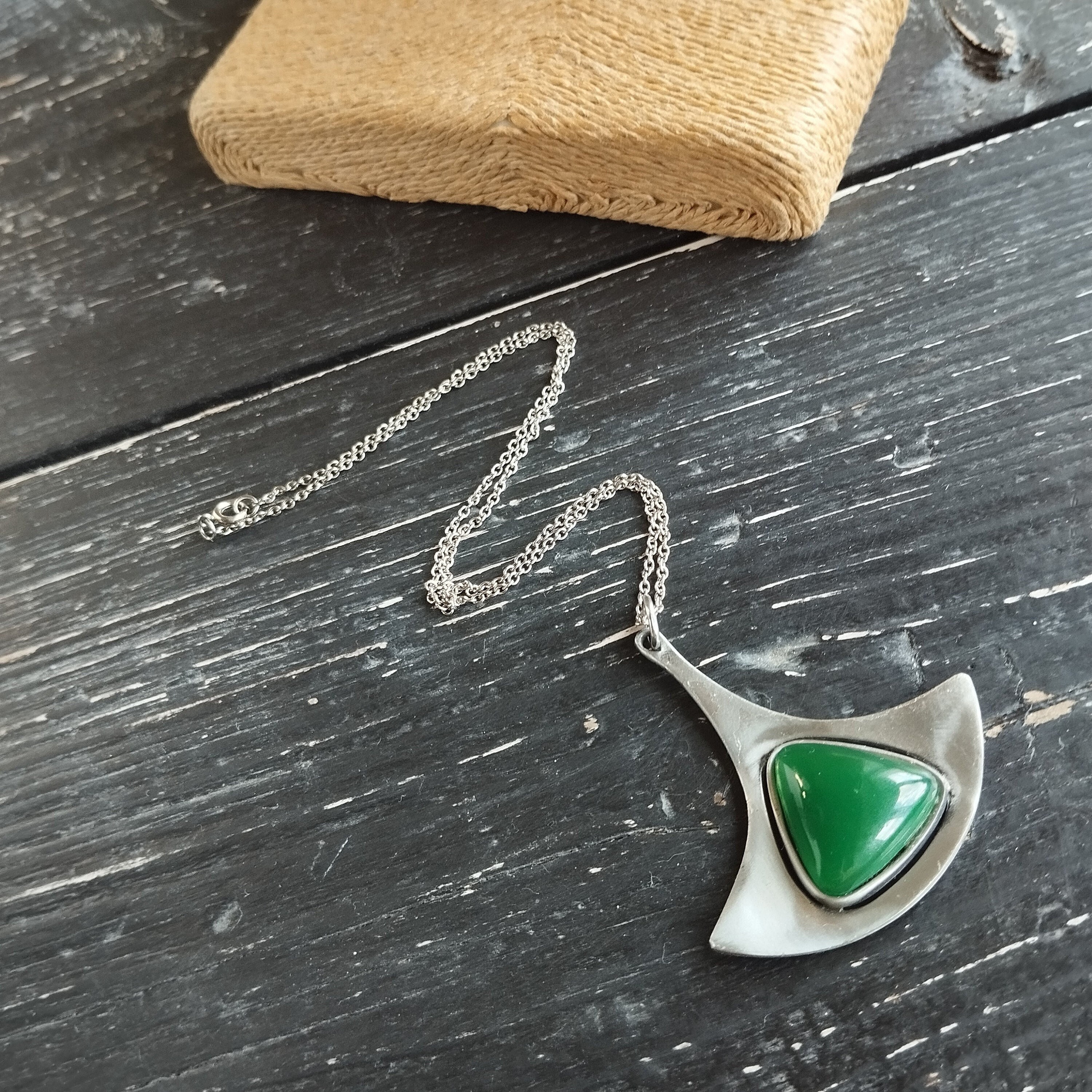 Vintage Corocraft chain abstract pendant green triangle cabochon Coro