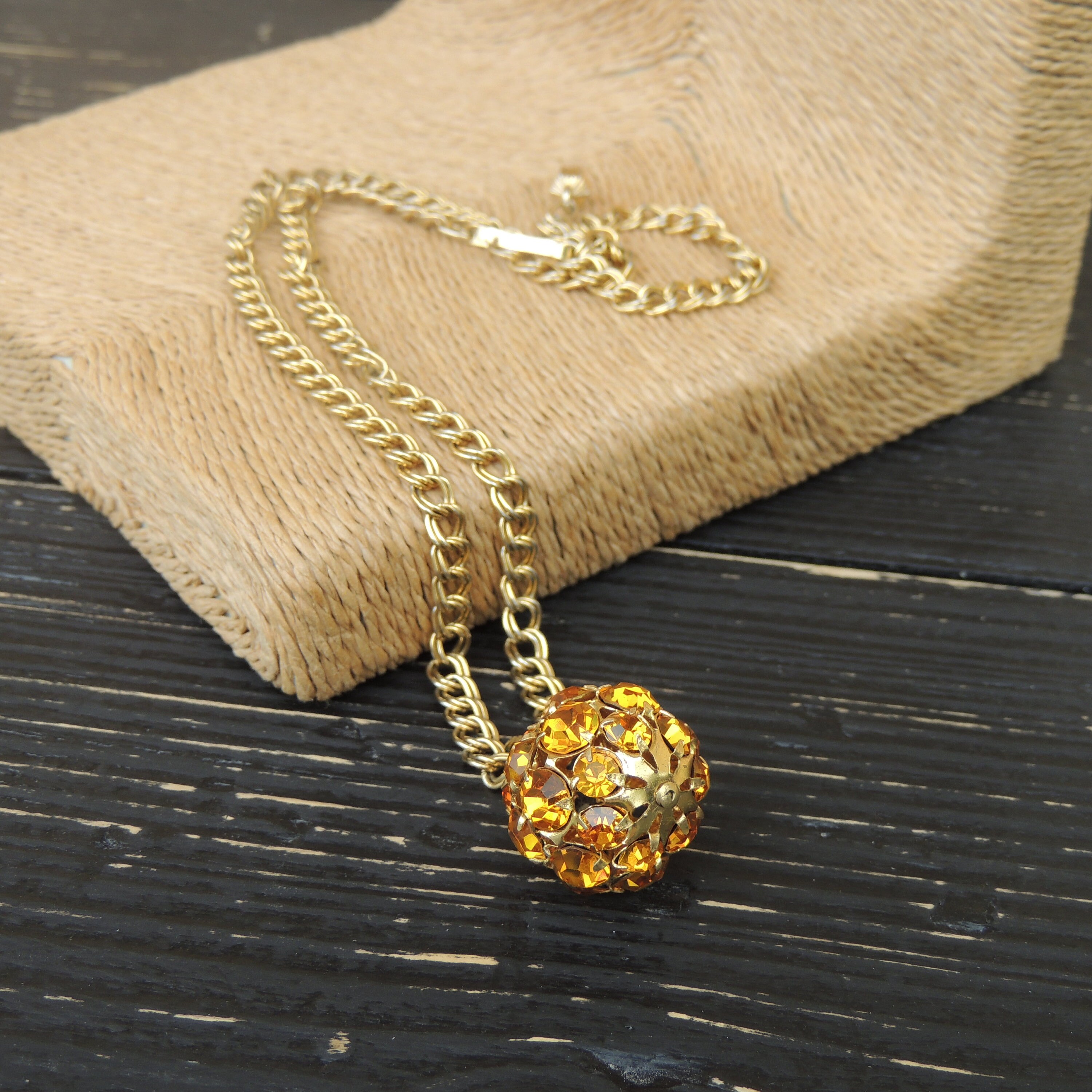 Vintage Short Gold Tone Chain With Honey Crystals Pendant