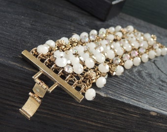 Vintage chunky chain  bracelet with white beads and AB crystals