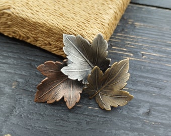 Vintage autumn leaves K&T brooch. Three tone leaves. Brass, silver, bronze.