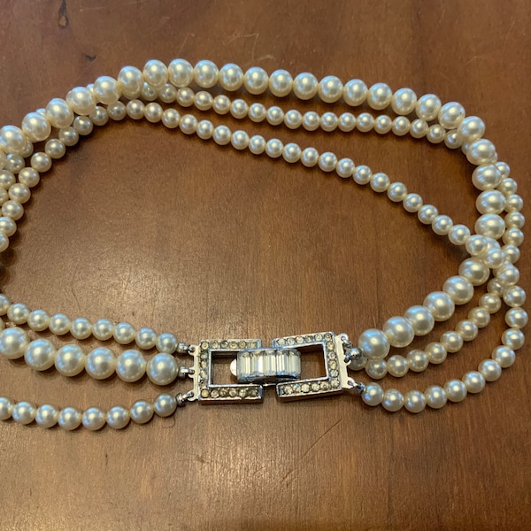 Trifari-pearl necklace-costume jewelry-triple strand