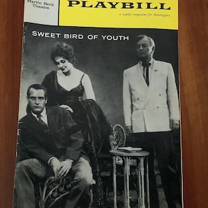 May include: A vintage Playbill magazine cover for "Sweet Bird of Youth" at the Martin Beck Theatre. The cover features a black and white photograph of three actors. The magazine title is in yellow with the text "a weekly magazine for theatregoers."
