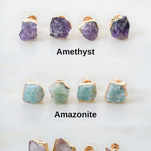 Natural Stone Earrings, Amethyst Stud Earrings, Rose Quartz Earrings, Minimalist Gold Earrings, Unique Gifts, Raw Rose Quartz, Gifts For Her