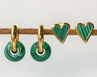 Malachite Earrings, Hoop Earrings, Green Jewelry, Unique Jewelry, Green Malachite, Geometric Hoops, Gemstone Hoop Earrings, Gifts For Her