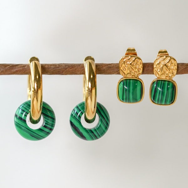 Malachite Earrings, Green Gemstone Hoop Earrings, Unique Earrings, Genuine Malachite, Polished Malachite Hoop, Waterproof Earrings, Gifts