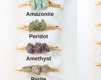 Gold Bangle With Raw Gemstones Wire Wrapped, Silver Gemstone Bangle, Amethyst Bracelet, Citrine Bracelet, Peridot Bracelet, Gifts For Her