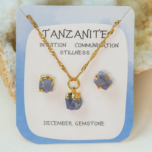 Raw Tanzanite Necklace, Gemstone Necklace And Earrings, Mothers Day Gifts, Raw Moonstone Earrings, Gold Necklace, Stud Earring, Gift For Her