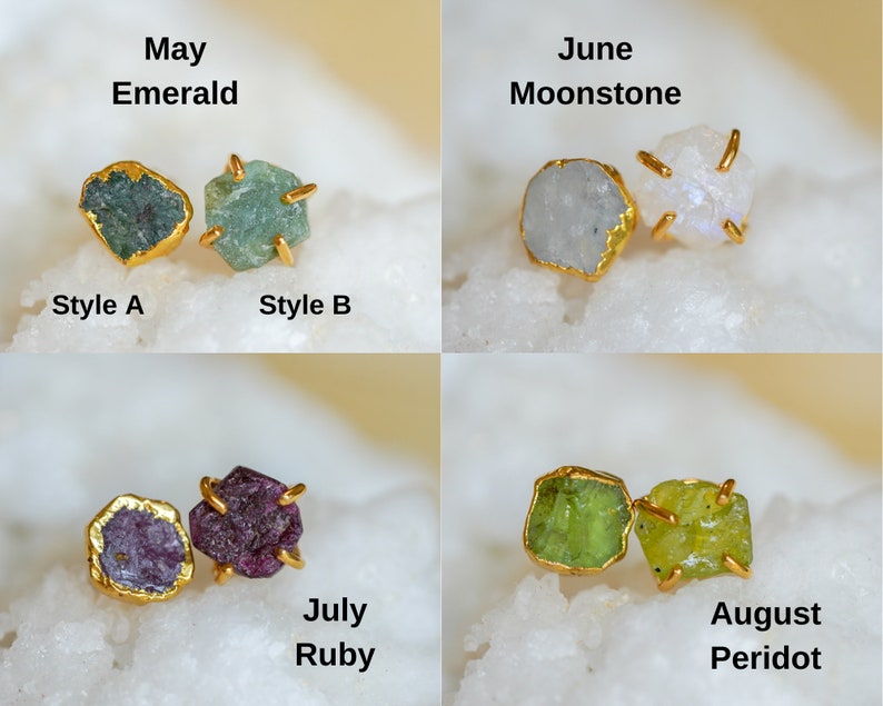 Four different gemstones for four different birth months. Dark green Emerald gemstone for May. White Moonstone gemstone for June. Dark pinkish-red Ruby gemstone for July. Bright green Peridot gemstone for August.