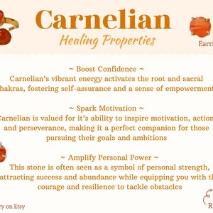 May include: Carnelian healing properties, a gemstone known for its vibrant orange color. The image shows carnelian jewelry in the form of earrings, pendants, and rings. The text describes the healing properties of carnelian, including boosting confidence, sparking motivation, and amplifying personal power.