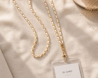 ID Badge Holder, Beaded Teacher Lanyard, Phone Lanyard, Phone Chain, Detachable Crossbody Holder, Pearl Ball Chain Gold Necklace Lanyard