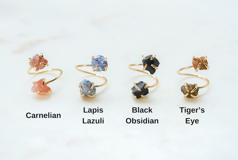 Carnelian Ring, Red Carnelian Ring, Crystal Lapiz Lazuli Ring, Gold Adjustable Ring, Black Obsidian Ring, Tigers Eye Ring, Gifts for Her image 3