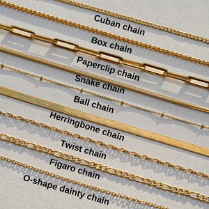 May include: A close-up of ten different gold chains, each labeled with its name: Cuban chain, Box chain, Paperclip chain, Snake chain, Ball chain, Herringbone chain, Twist chain, Figaro chain, and O-shape dainty chain.