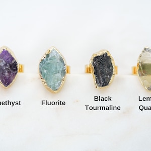 Gemstone Statement Ring, Chunky Gold Ring, Amethyst Ring, Black Tourmaline Ring, Fluorite Ring, Gold Ring, Natural Stone Ring, Raw Amethyst