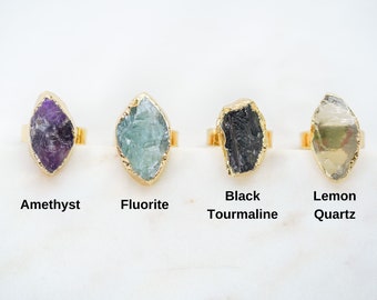 Gemstone Statement Ring, Chunky Gold Ring, Amethyst Ring, Black Tourmaline Ring, Fluorite Ring, Gold Ring, Natural Stone Ring, Raw Amethyst